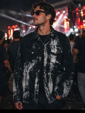 Lip Service Black Bleached P*rn Splatter Stretch Twill Grunge Punk Jacket NWT L